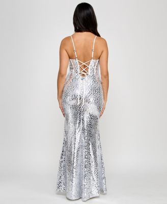 Juniors' Metallic Print V-Neck Sleeveless Gown