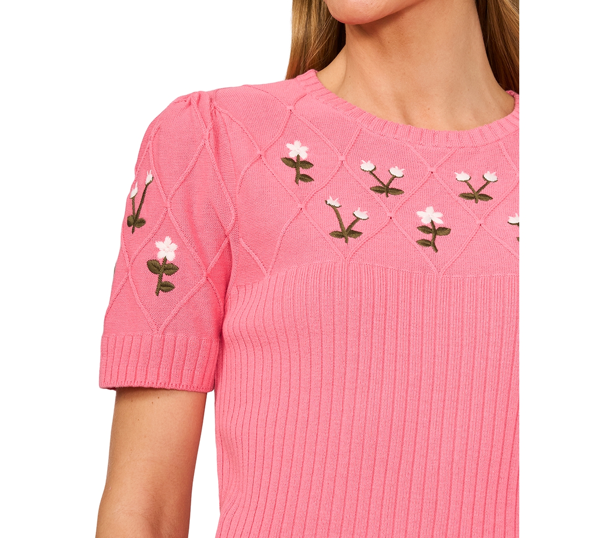 Shop Cece Women's Crewneck Flower Embroidered Short Sleeve Cotton Sweater