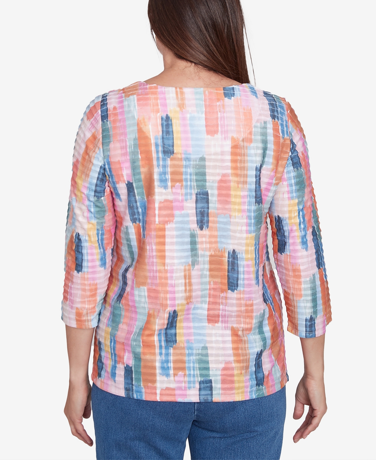 Alfred Dunner Plus Size Free Spirit Mini Ruffle Brushstroke Crew Neck Top In Coral