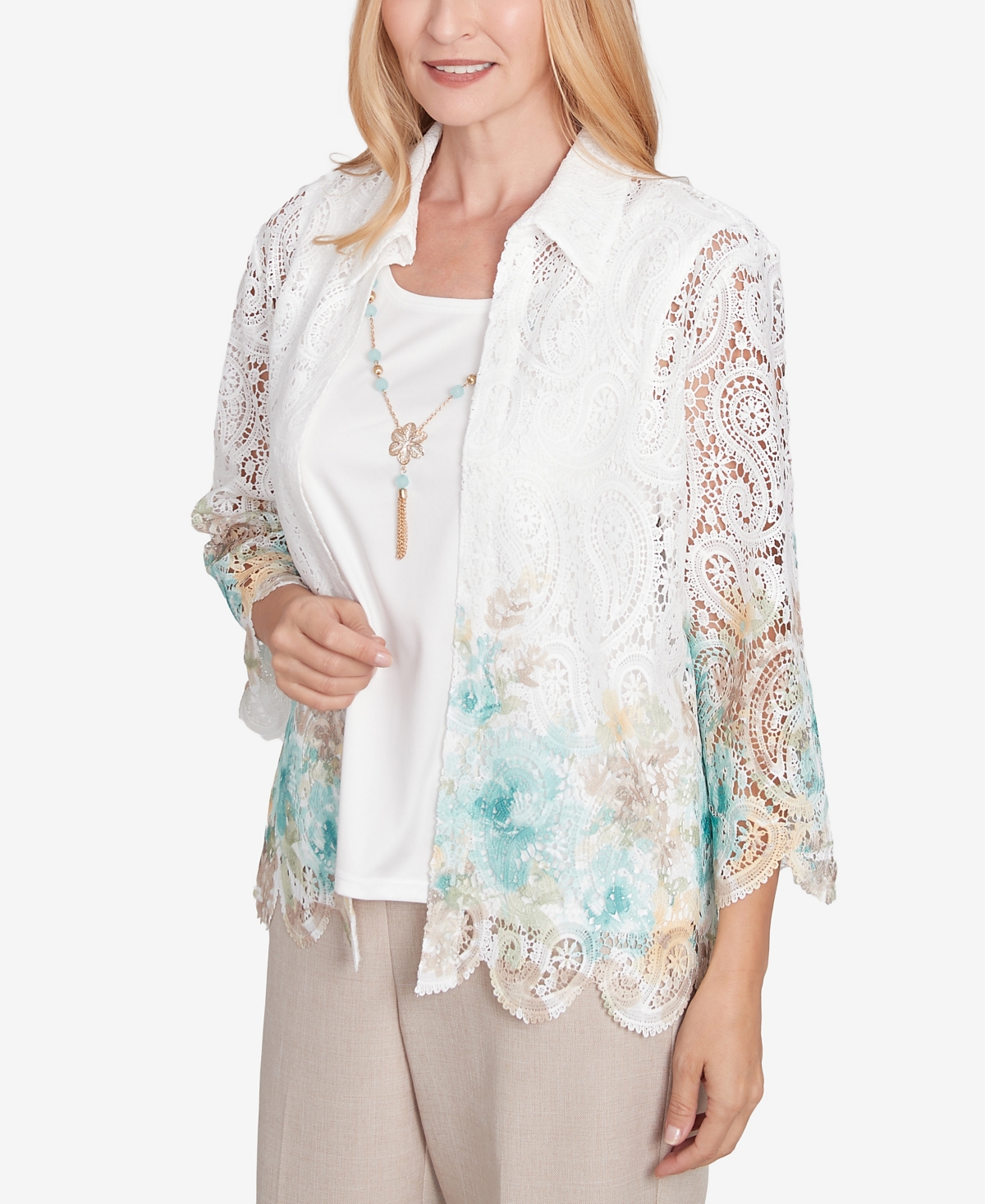 Alfred Dunner Petite Kensington Gardens Two In One Lace Floral Top With Necklace In Neutral Multi