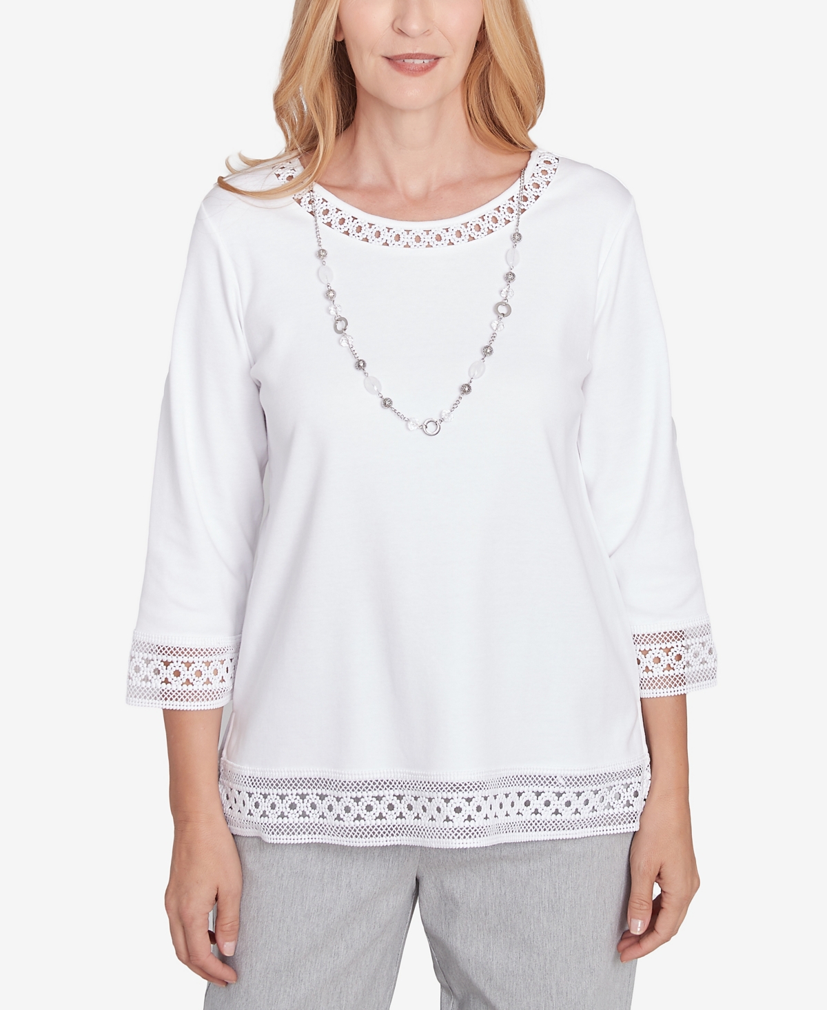 Women's Dress Code Solid Lace Trim Top with Necklace - White