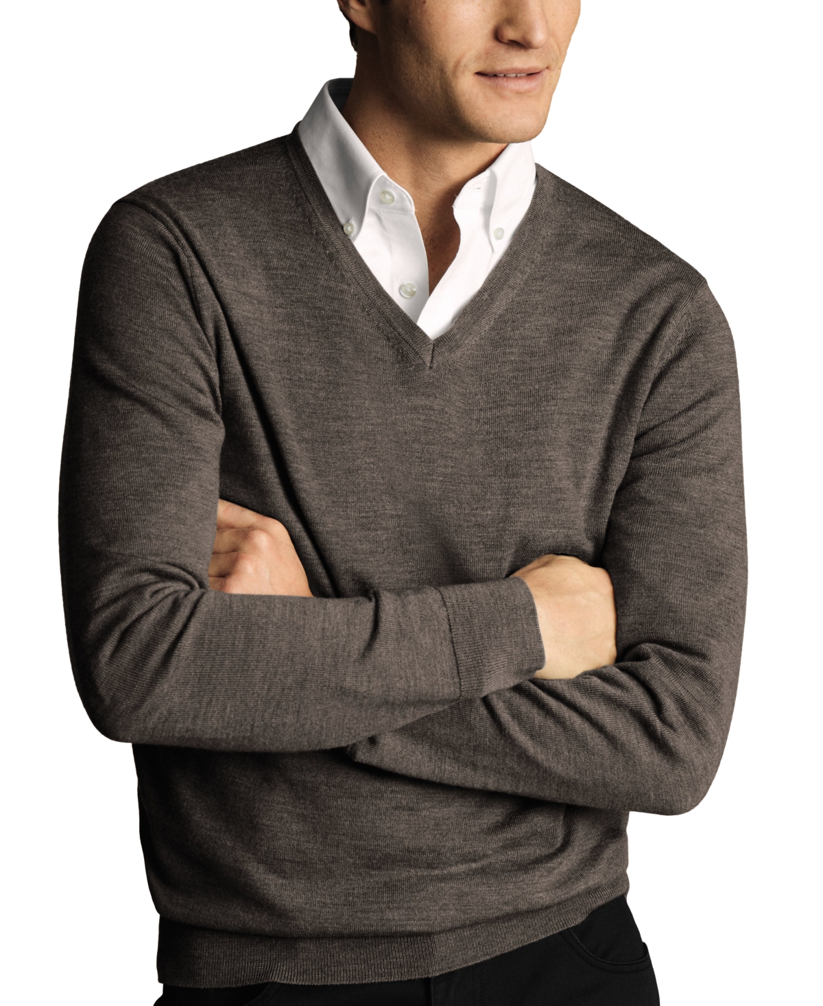 Men's Long Sleeve V-Neck Merino Wool Sweater - Mocha