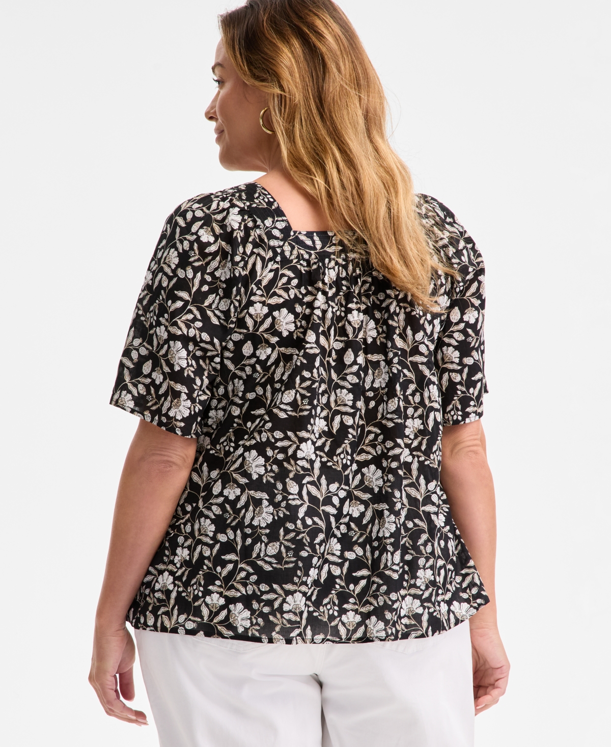 Style & Co Plus Size Printed Flutter-sleeve Top, Exclusively At Macy's In Floral Deep Black