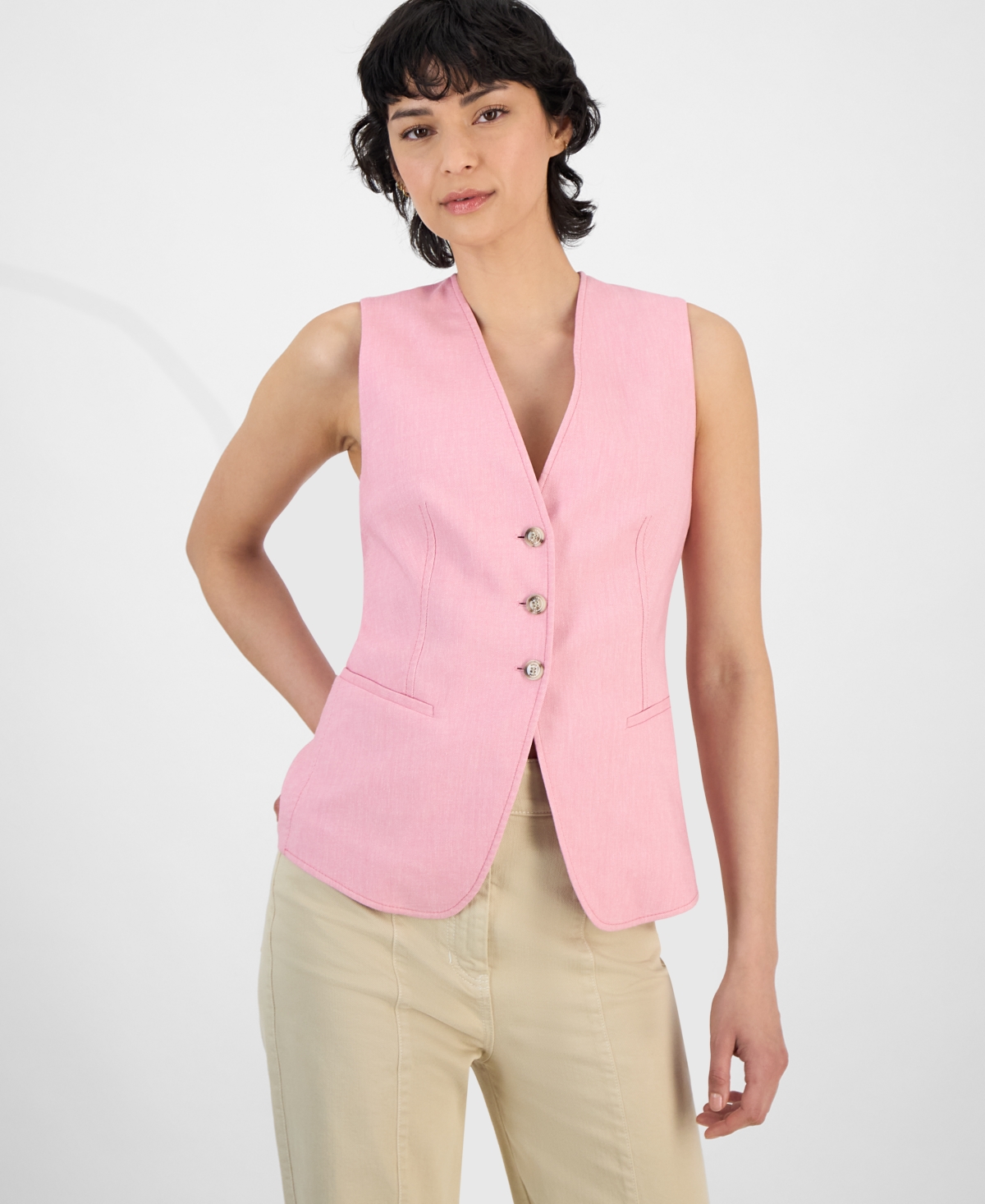 Women's V-Neck Sleeveless Button-Front Vest - Flamingo Pink