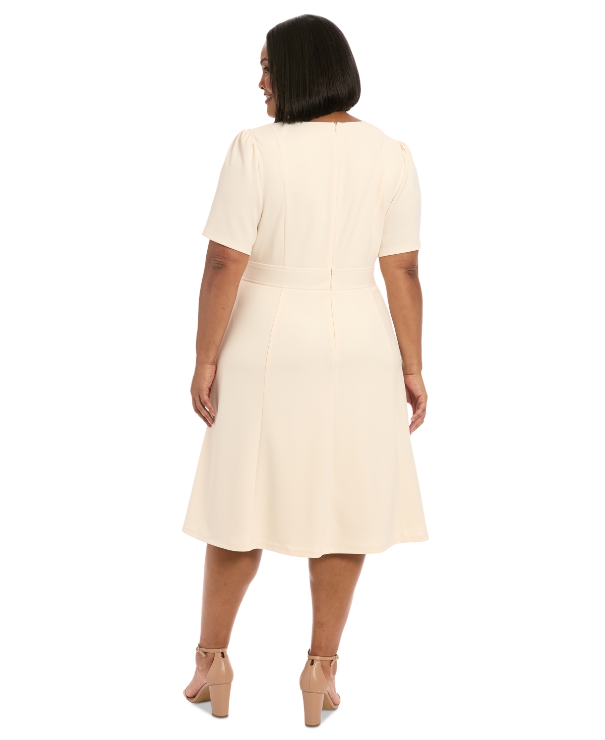 London Times Plus Size Crewneck Button-tab Short-sleeve Midi Dress In Sugar Ivory