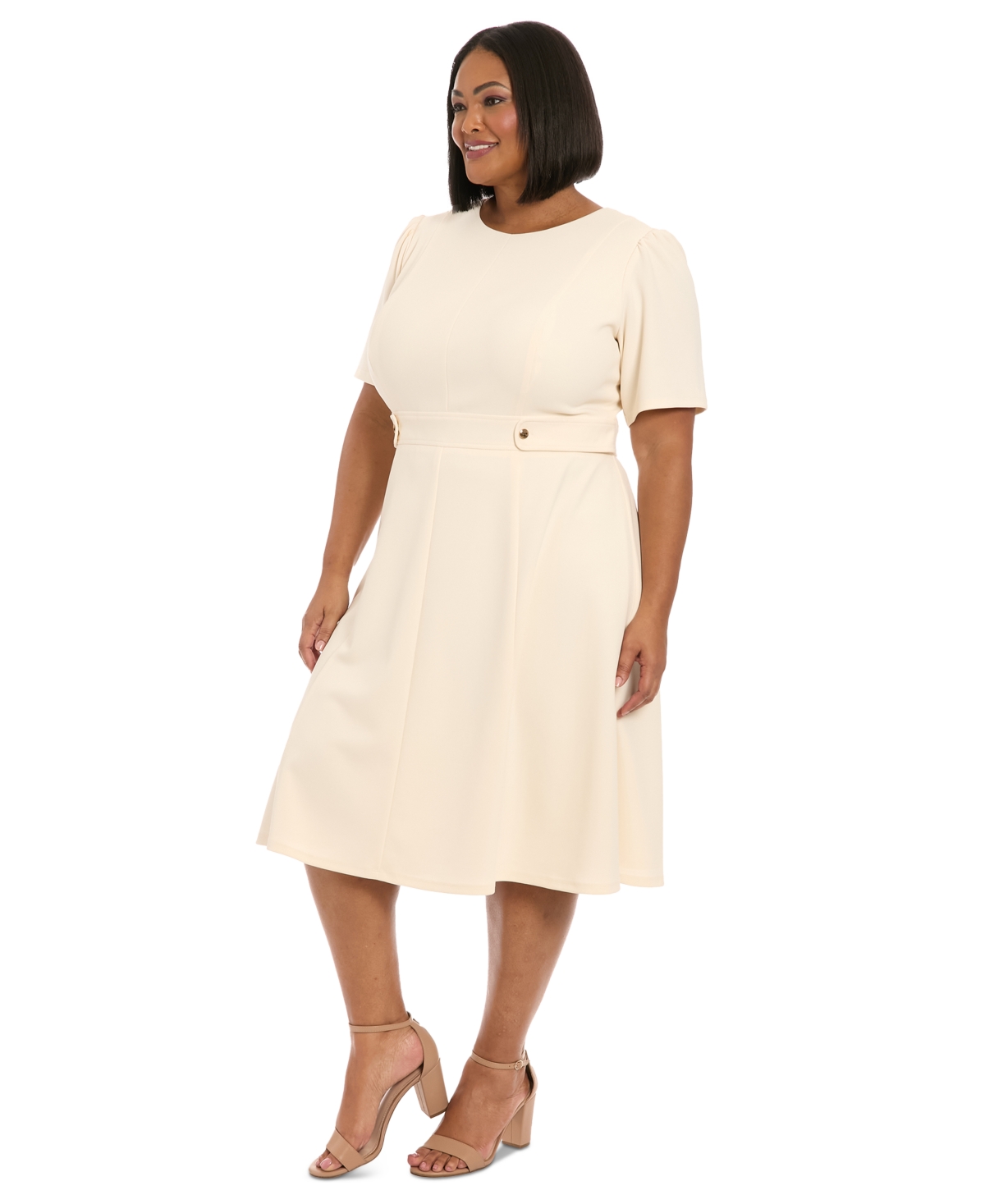 London Times Plus Size Crewneck Button-tab Short-sleeve Midi Dress In Sugar Ivory