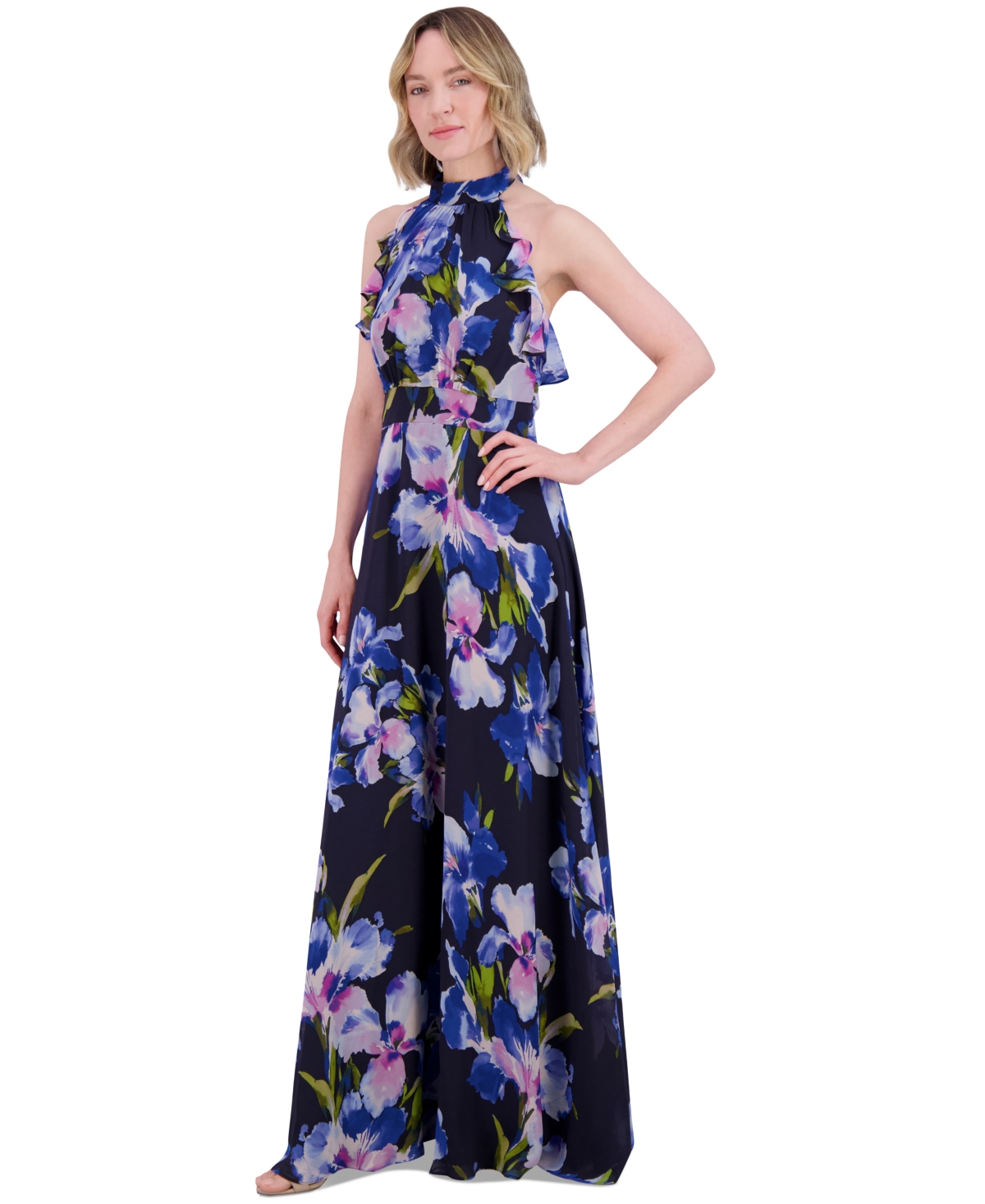 ELIZA J FLORAL CHIFFON RUFFLED HALTER MAXI DRESS 