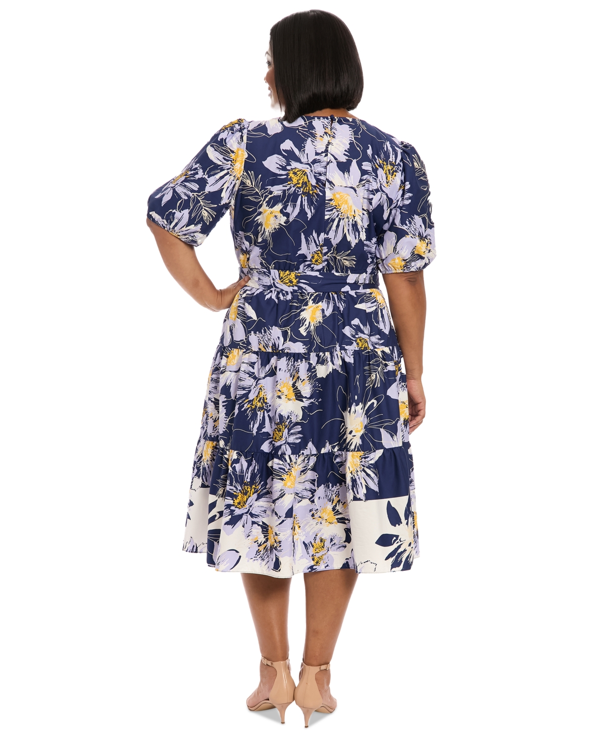 London Times Plus Size Printed Puff-sleeve Midi Dress In Navy Ivory