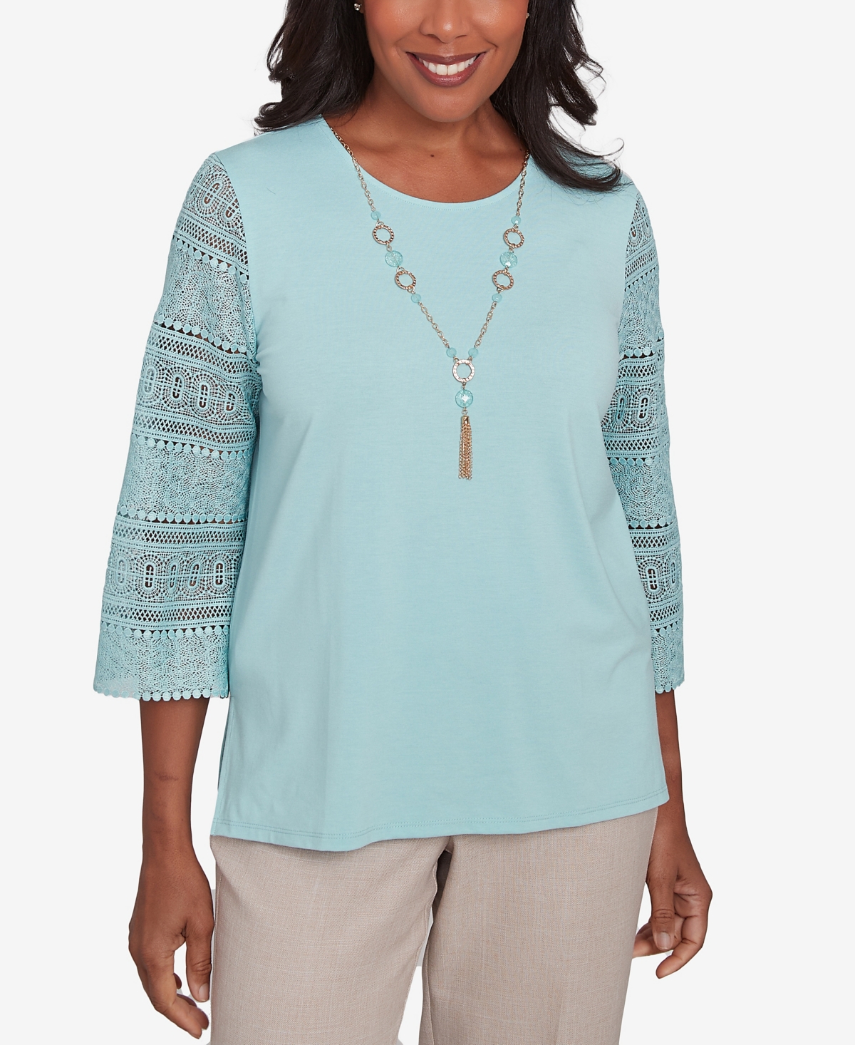 Alfred Dunner Plus Size Kensington Gardens Solid Lace Sleeve Knit Top With Necklace In Pistachio