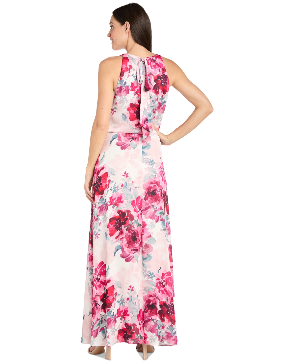 R & M Richards Petite Floral-print High-neck Blouson Dress In Cream,rose