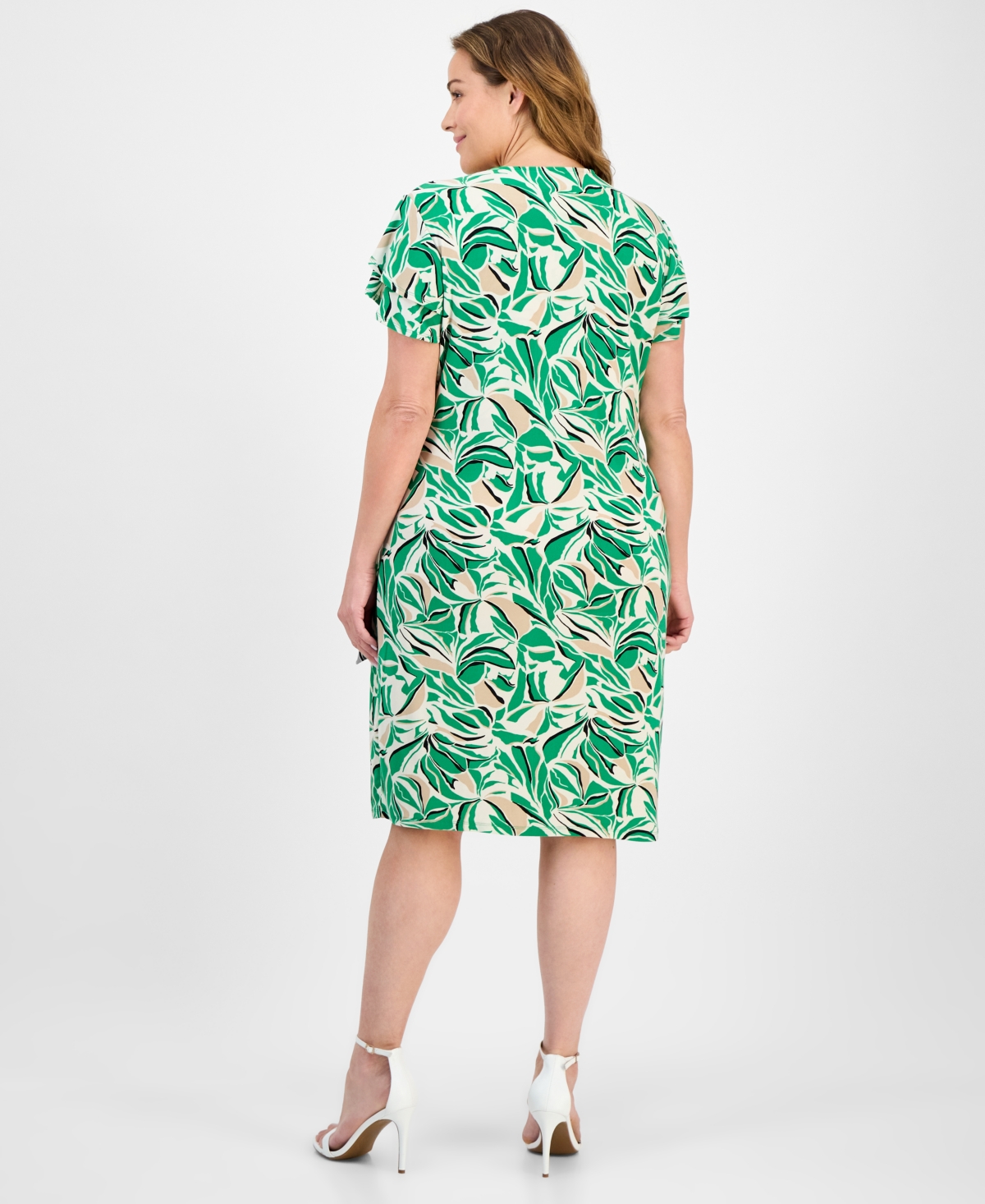 Anne Klein Abstract Print Flutter Sleeve Wrap Dress In White