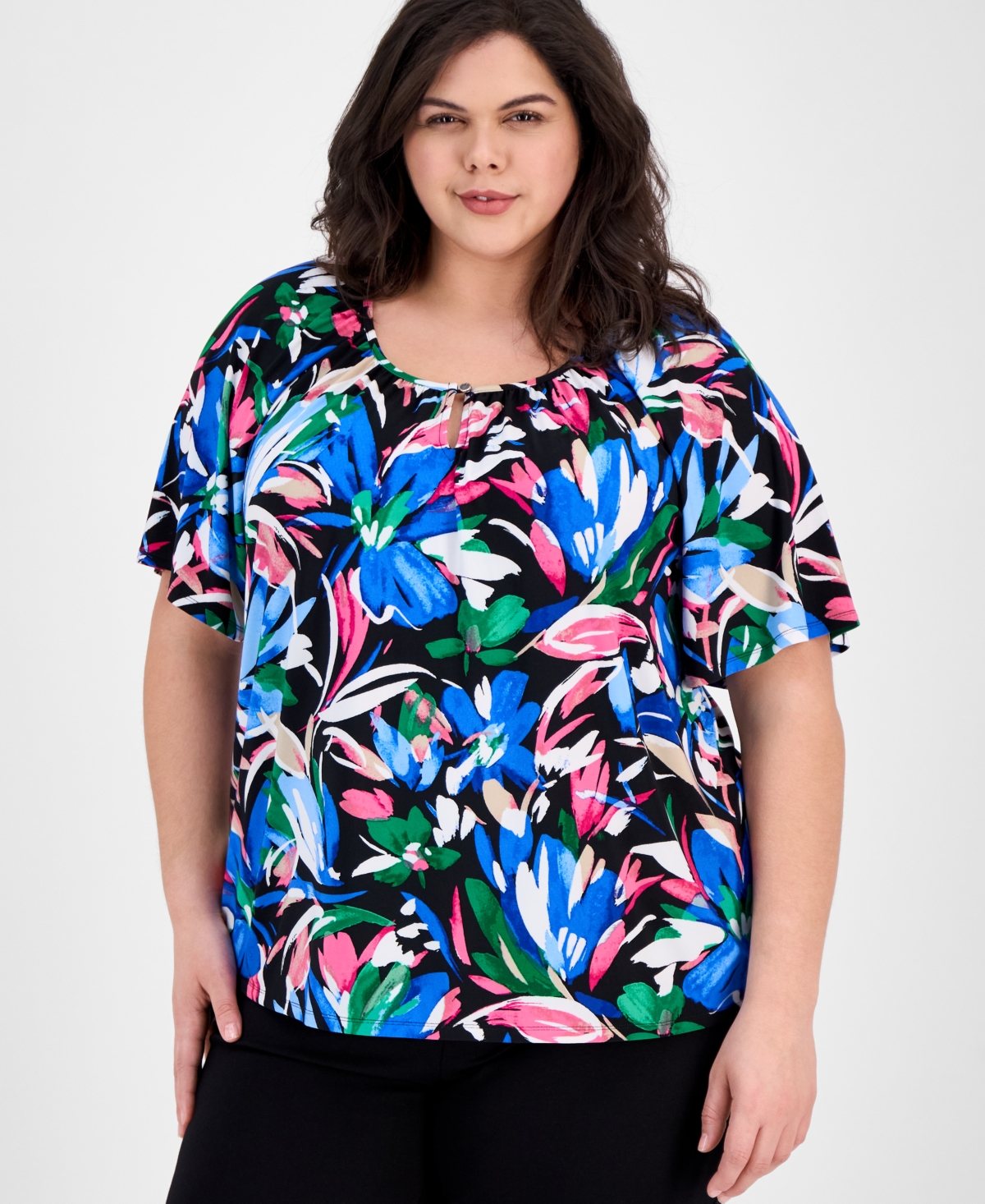 Plus Size Floral-Print Short-Sleeve Top - Anne Black Multi