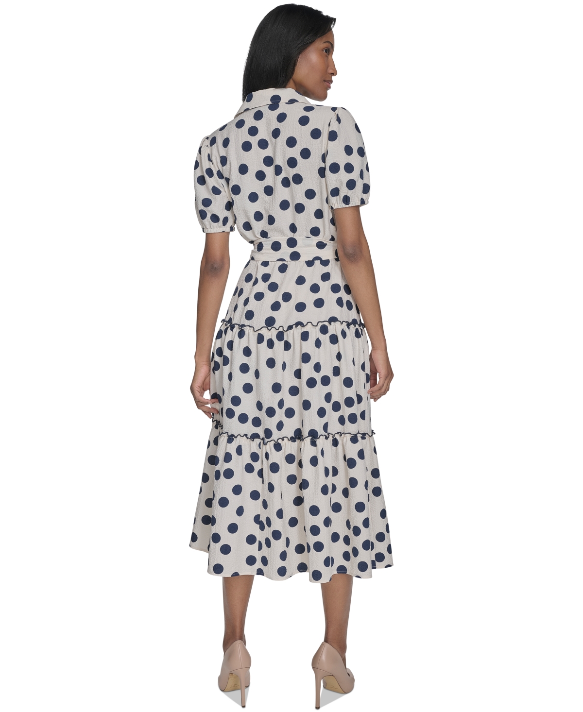 HALSTON WOMEN'S COLLARED TIE-WAIST SHORT-SLEEVE TIERED DRESS 