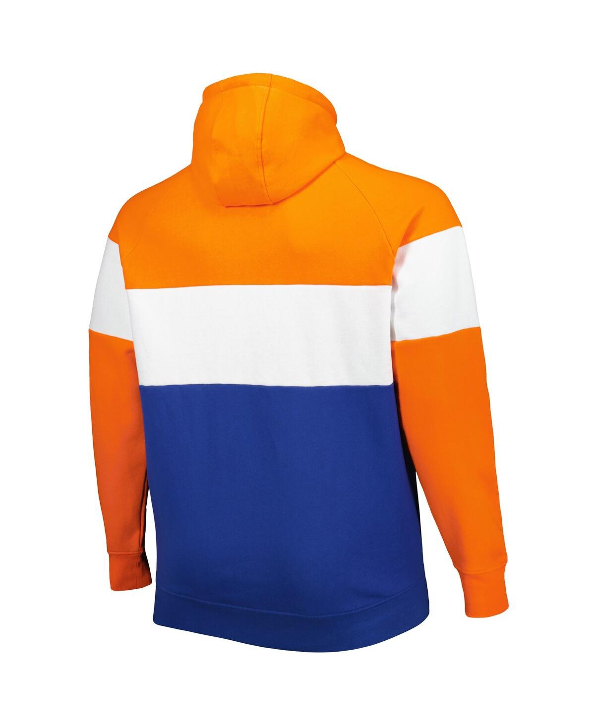NEW ERA MEN'S ORANGE/ROYAL DENVER BRONCOS BIG TALL THROWBACK COLOR BLOCK FLEECE RAGLAN PULLOVER HOODIE 