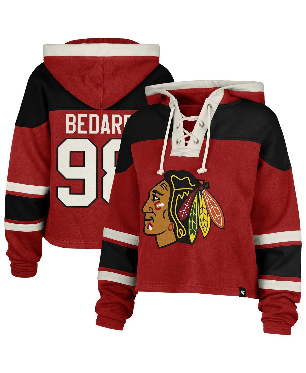47 BRAND WOMEN'S CONNOR BEDARD RED CHICAGO BLACKHAWKS SUPERIOR LACER CROPPED PULLOVER HOODIE 