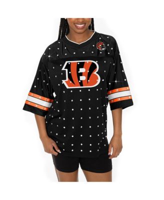 Gameday Couture - Women's Black Cincinnati Bengals Kickoff Time Allover Rhinestone Sports Stripe Jersey V-Neck T-Shirt