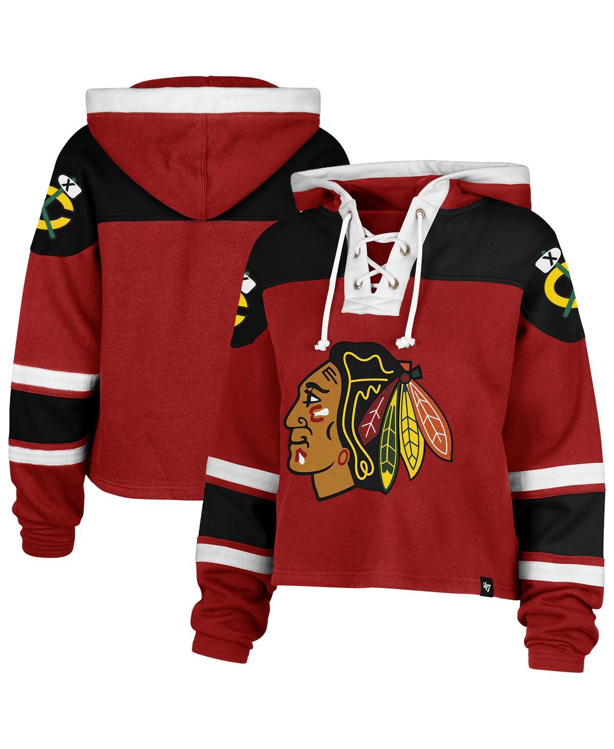 47 BRAND WOMEN'S RED CHICAGO BLACKHAWKS CROPPED SUPERIOR LACER PULLOVER HOODIE 
