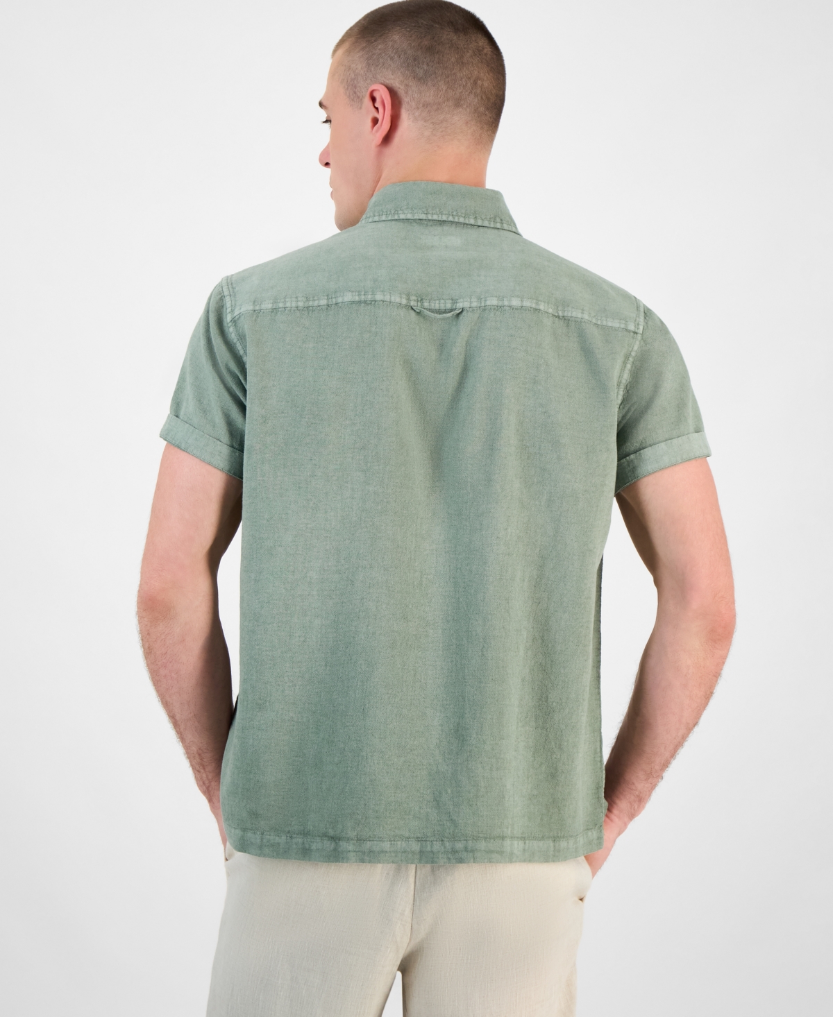 Sun + Stone Men's Blake Linen Chambray Short Sleeve Button-front Shirt, Created For Macy's In Vintage Sage