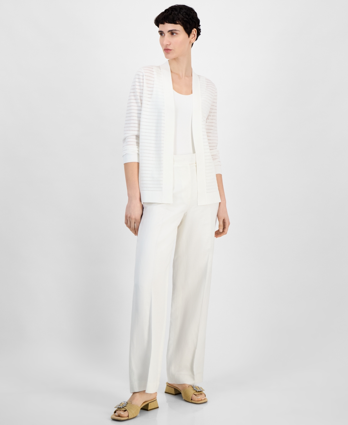 Anne Klein Women's Shadow Stripe Open-front Cardigan In Bright White