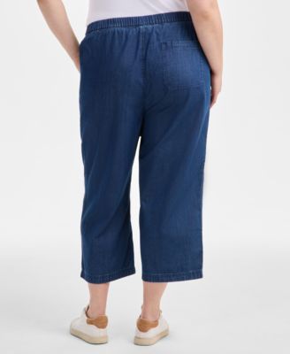 Plus Size Chambray Pull-On Cropped Pants, Exclusively at Macy's