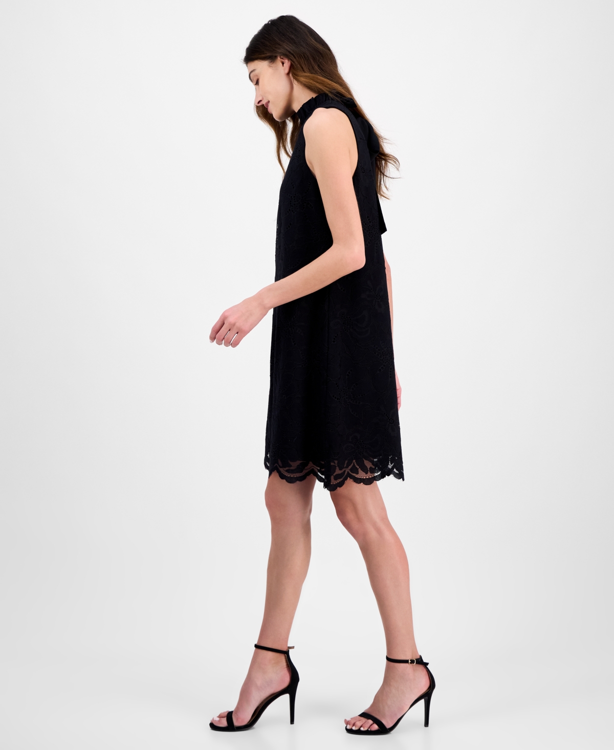 Anne Klein Women's High-ruffle-neck Sleeveless Lace Dress In Anne Black