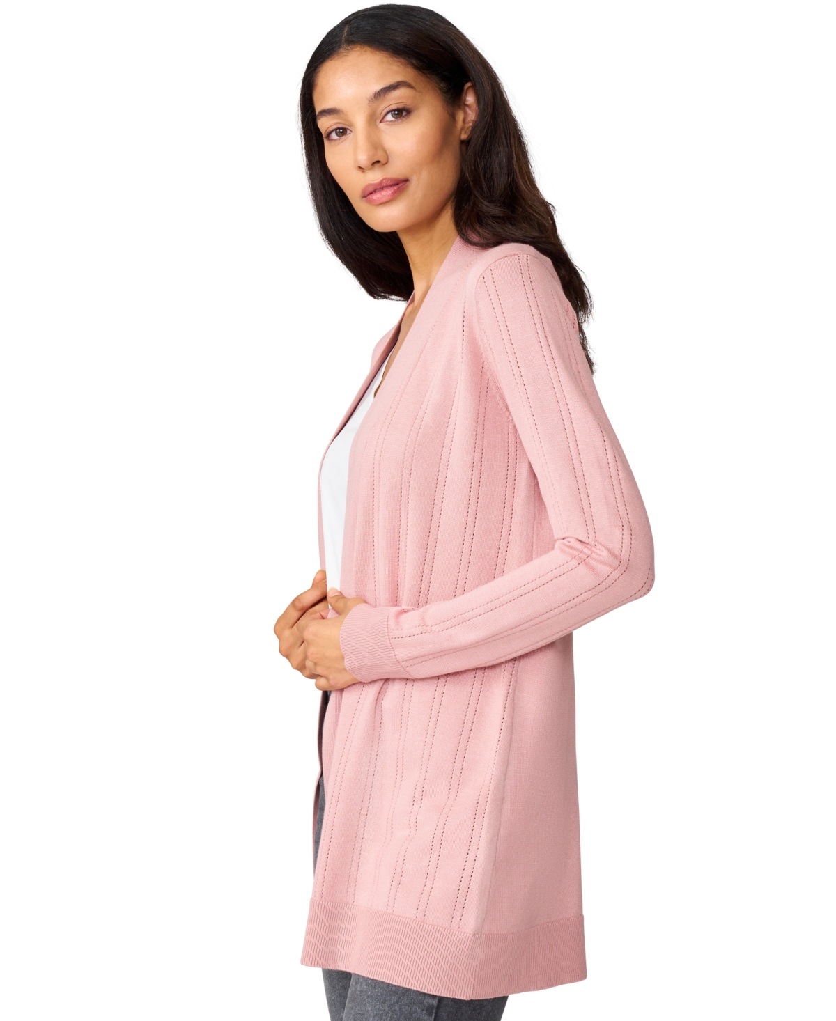 Melissa Paige Petite Pointelle Open-Front Long Cardigan