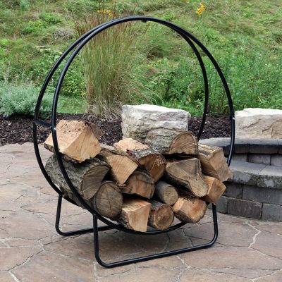 Indoor/Outdoor Steel Round Fire Pit or Fireplace Firewood Log Hoop Rack Holder - Black
