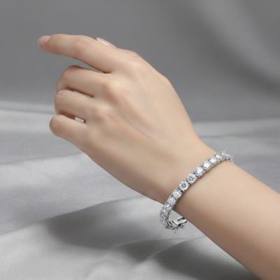 Sterling Silver White Gold Plated with 5mm Round Prong Set Cubic Zirconia Tennis Bracelet