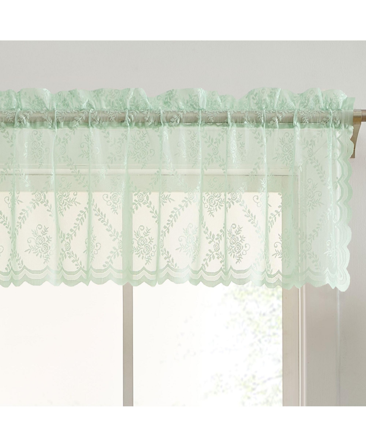 Isabella Floral Rod Pocket Lace Semi Sheer Voile Short Valance for Small Windows, Kitchen & Bathroom - 54 x 18 Inch Long (Seafoam Green Valance