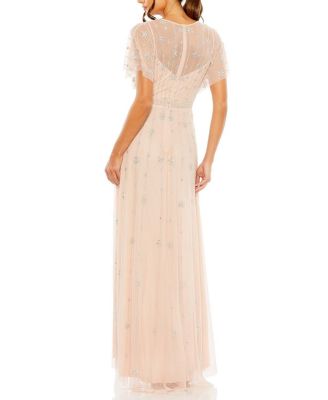 Women's V-Neck Embellished Flutter Sleeve A Line Gown