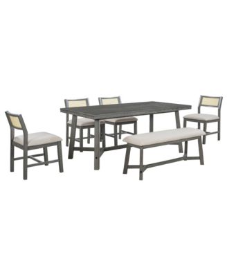 6-piece Retro Farmhouse Style Dining Set, Rectangular Table and 4 Upholstered Chairs with Rattan and Bench for Dining Room and Kitchen
