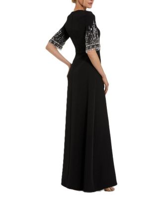 【Mac Duggal】Crepe A Line Gown With Beaded 関税送料込 Crepe A Line Gown With Beaded 3/4 Sleeves - Mac Duggal