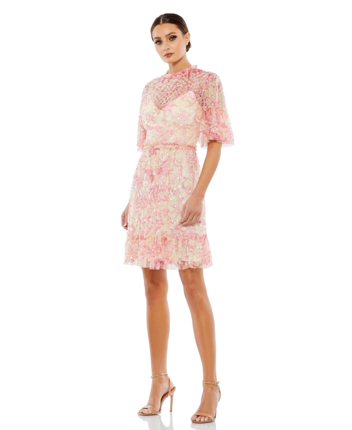 Women's Flounce Sleeve Embellished Dress - Blush multi