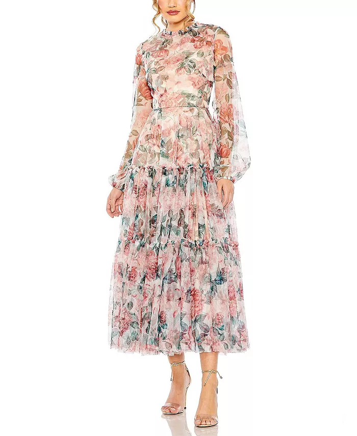 Women's Long Sleeve High Neck Long Balloon Sleeve Midi Dress - thumbnail 3