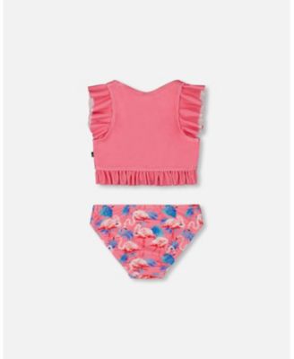 Girls Printed Two-Piece Swimsuit With Frills Candy Pink And Pink Flamingo