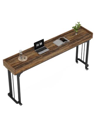 Overbed Table with Wheels, Mobile Computer Desk Makeup Vanity Desk with Storage, Standing Laptop Cart, Over Bed Makeup Table with Mirror, Vanity Desk for Bedroom, Rustic Brown