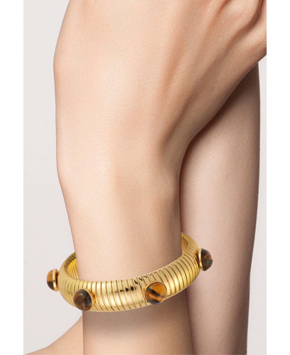 Gold Plated Bold Tubogas Bangle Bracelet with Synthetic Tiger's Eye - Gold