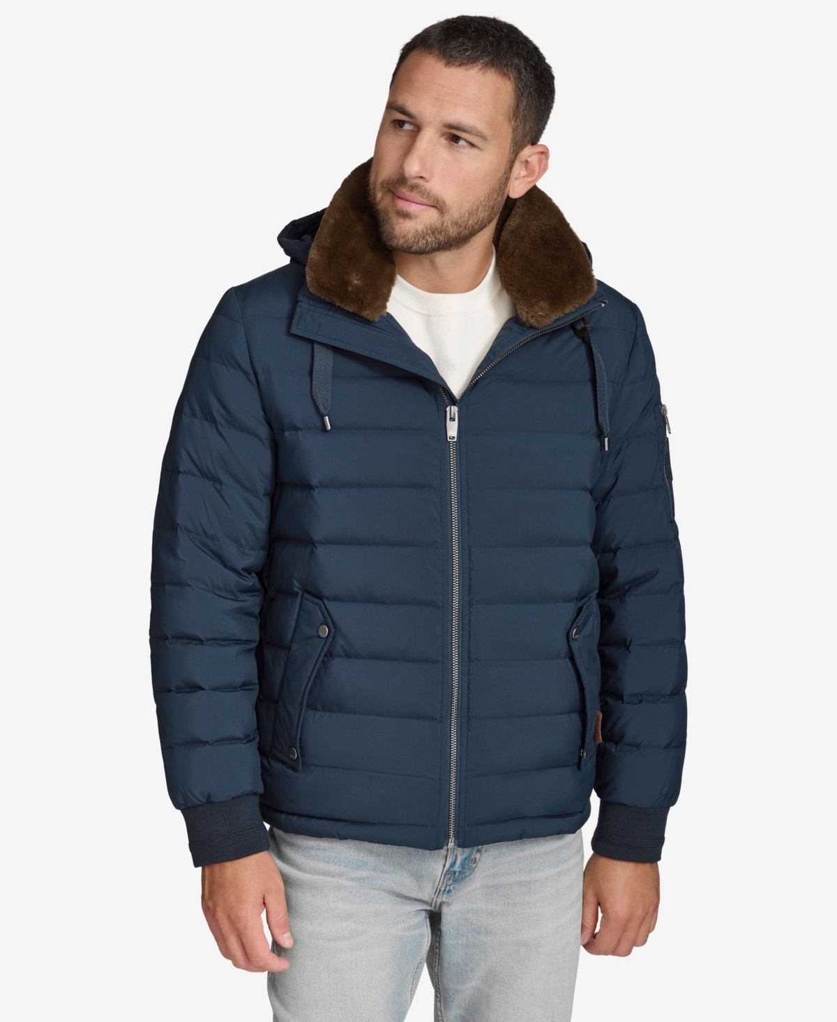 Men's Loxton Down Coat with Removable Faux Rabbit Collar - Black