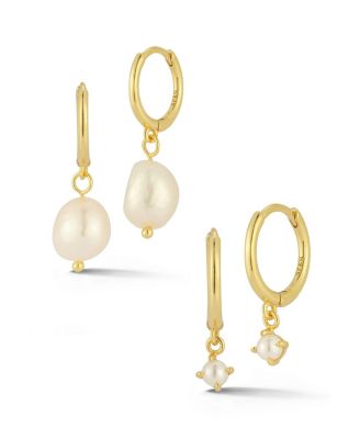Rachel Zoe 14K Gold Plated Sterling Silver Pearl Huggie Hoop Earring 2 Pair Set Gold