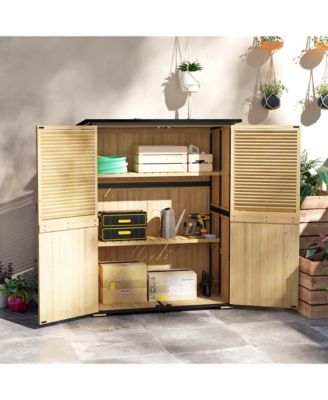 Outdoor Storage Cabinet, Wood Garden Shed with 2 Shelves, Natural