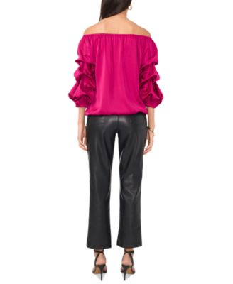 Women's Satin Off-The-Shoulder Bubble 3/4-Sleeve Tie-Front Blouse