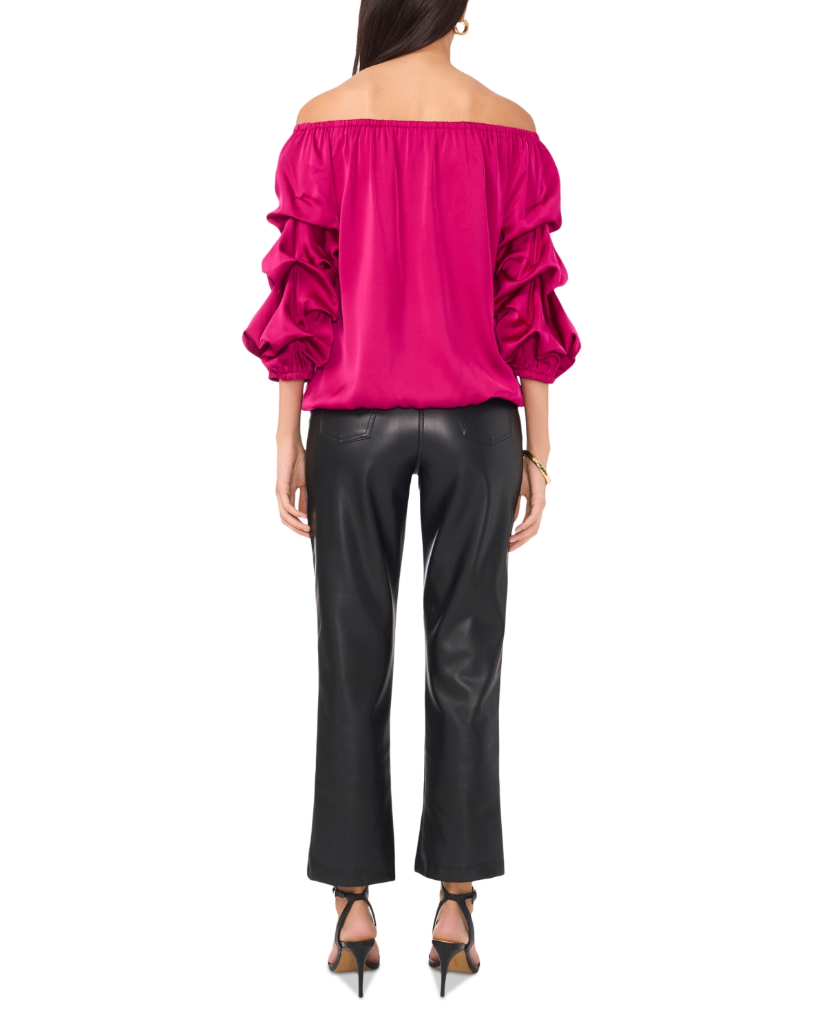 Vince Camuto Off The Shoulder Bubble Sleeve Satin Top In Fircely Fuchsia