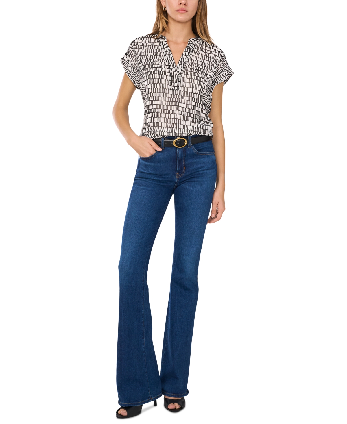VINCE CAMUTO WOMEN'S PRINTED V-NECK CAP-SLEEVE TOP 