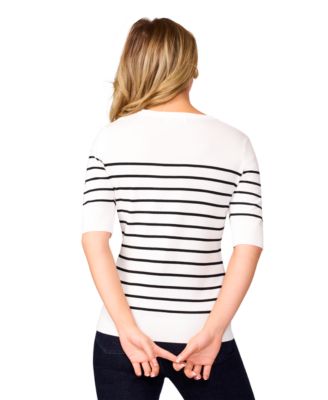 Petite Striped Crew-Neck Elbow-Sleeve Sweater