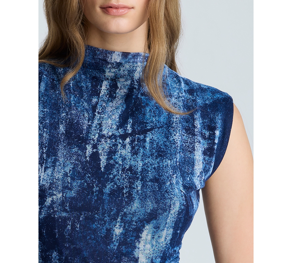 Kenneth Cole Side Rouched Pullover Faux Wrap Mini Dress In Dusk Blue Multi