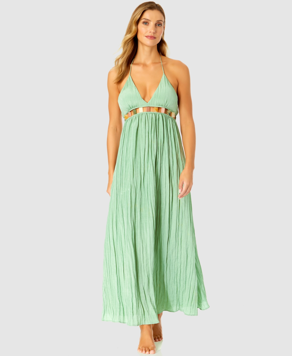 Ibiza Anne Cole Women's V-neck Jewel Halter Maxi Cover-up Dress In Basil Green