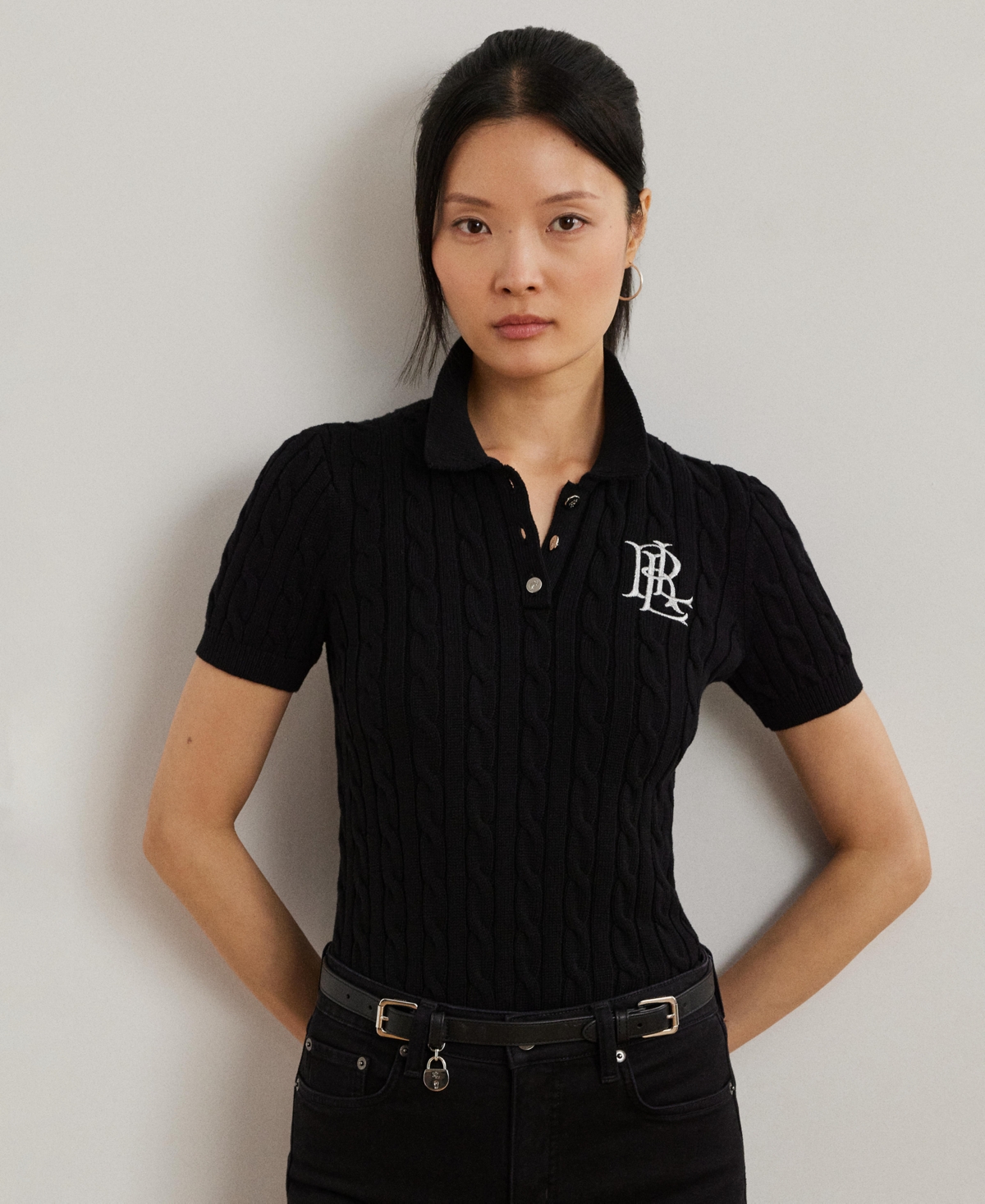 Shop Ralph Lauren Women's Cable-knit Polo Shirt In Black