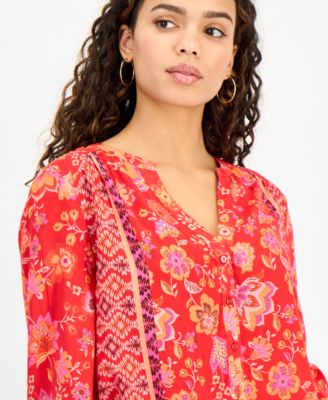 Petite Mixed-Print Button-Front Blouse