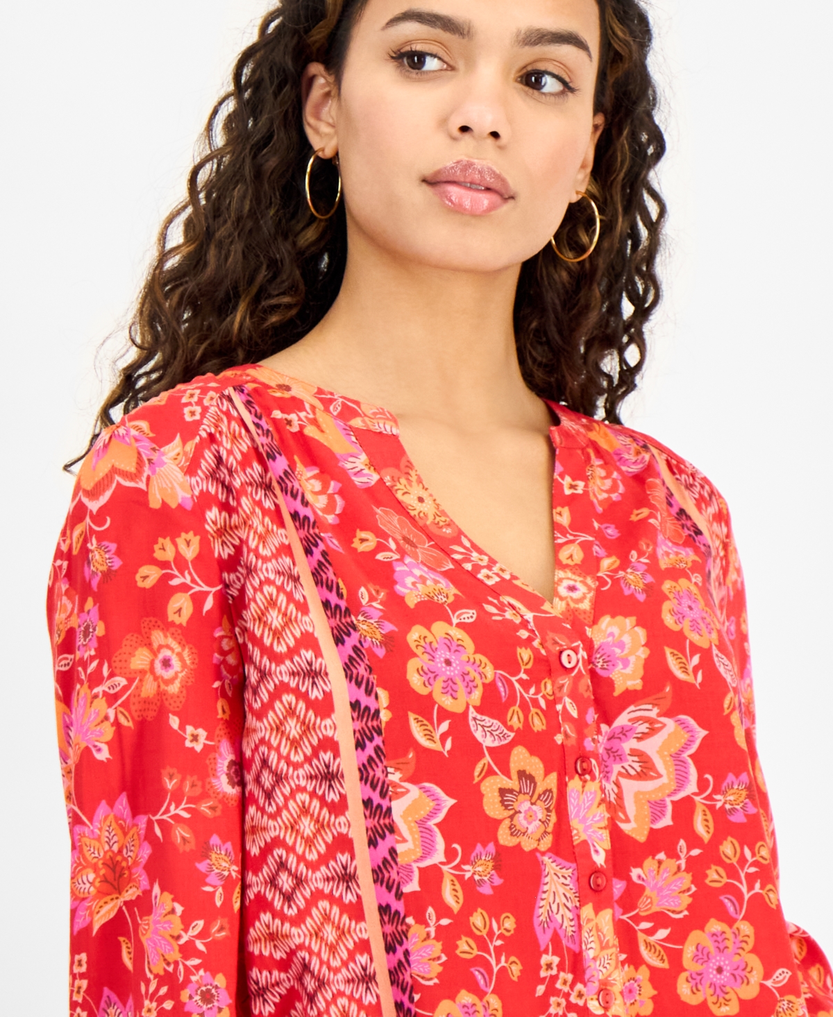 Liverpool Los Angeles Liverpool Plus Size Printed Blouson-sleeve Button-front Blouse In Red