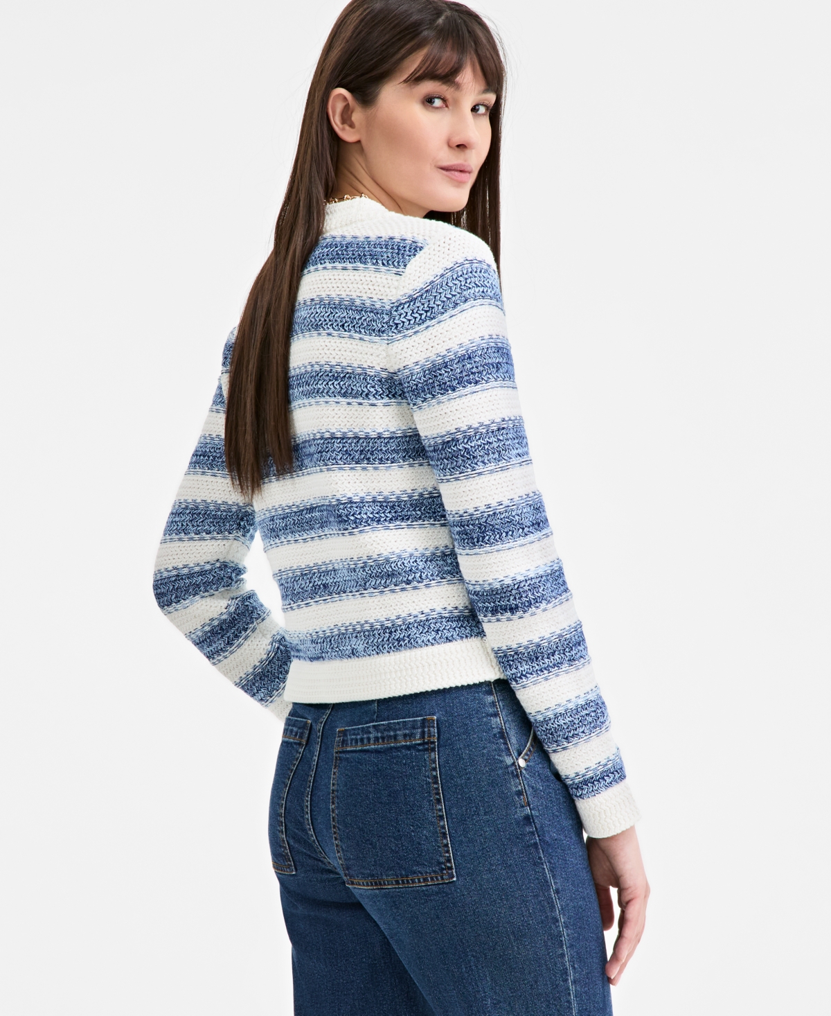 On 34th Women's Cotton Striped Curved-hem Cardigan, Exclusively At Macy's In Navy Combo